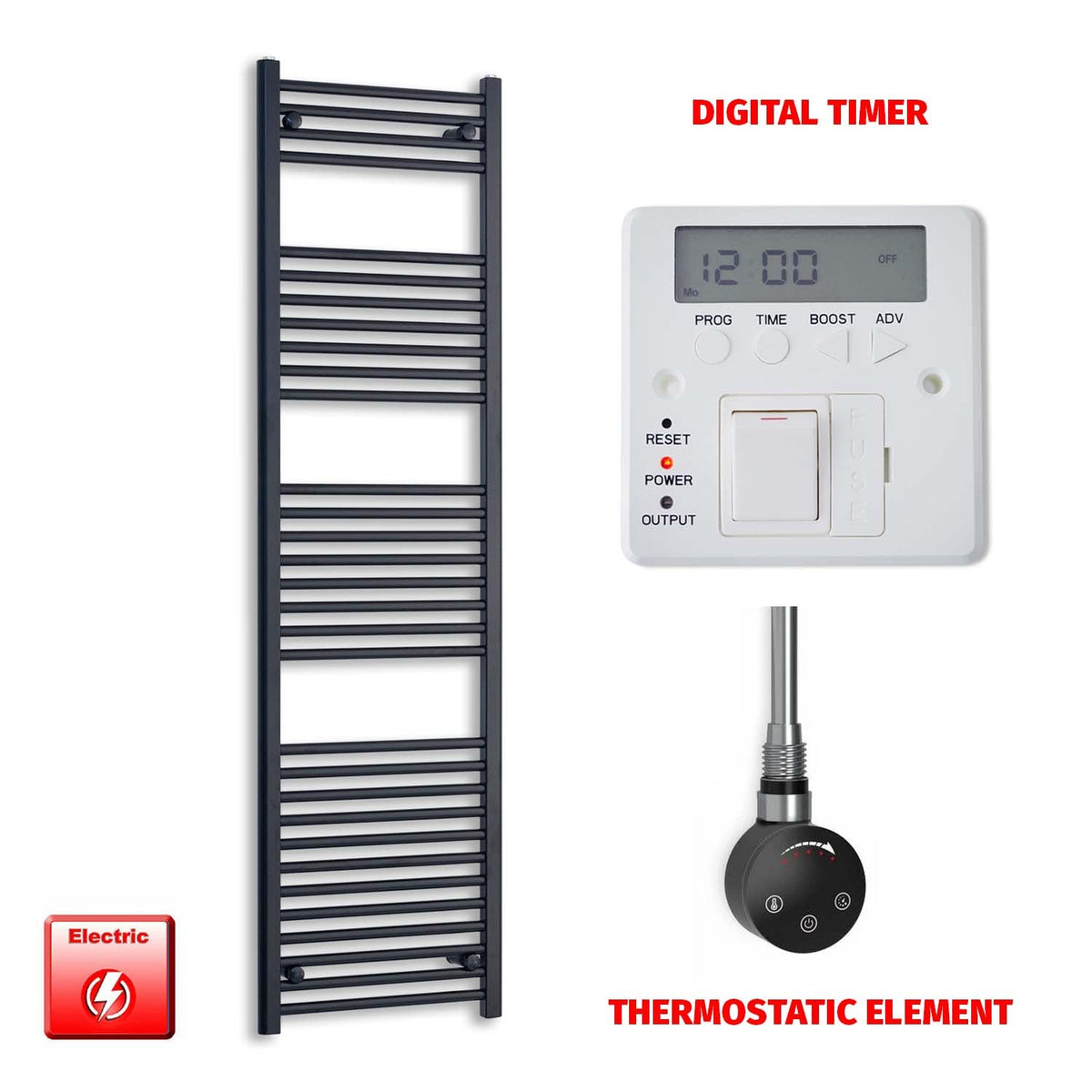 1800mm High 500mm Wide Flat Black Pre-Filled Electric Heated Towel Radiator Smart Thermostatic Digital Timer