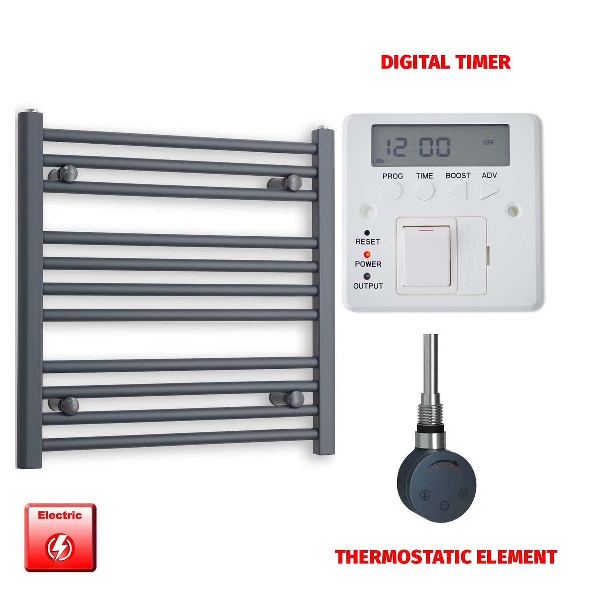 600mm High 500mm Wide Flat Anthracite Pre-Filled Electric Heated Towel Rail Radiator HTR SMR Thermostatic element Digital timer