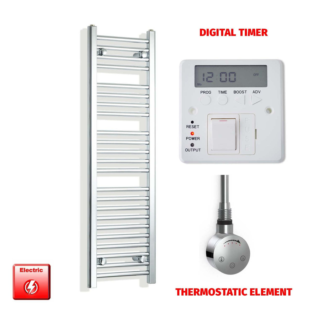 1200mm High 300mm Wide Pre-Filled Electric Heated Towel Rail Radiator Straight Chrome Smart Element Digital Timer