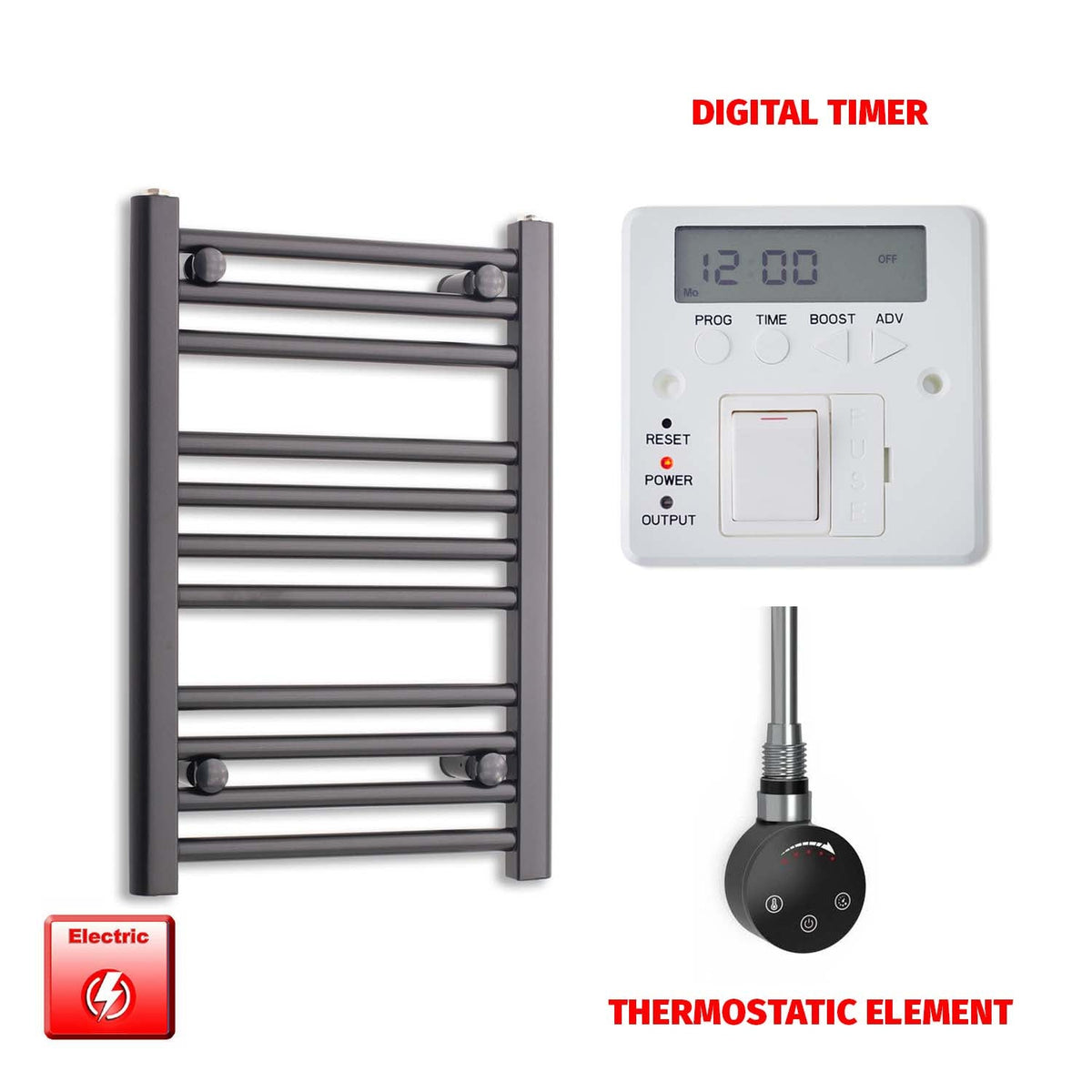 600 x 450 Flat Black Pre-Filled Electric Heated Towel Radiator HTR SMART Digital Timer