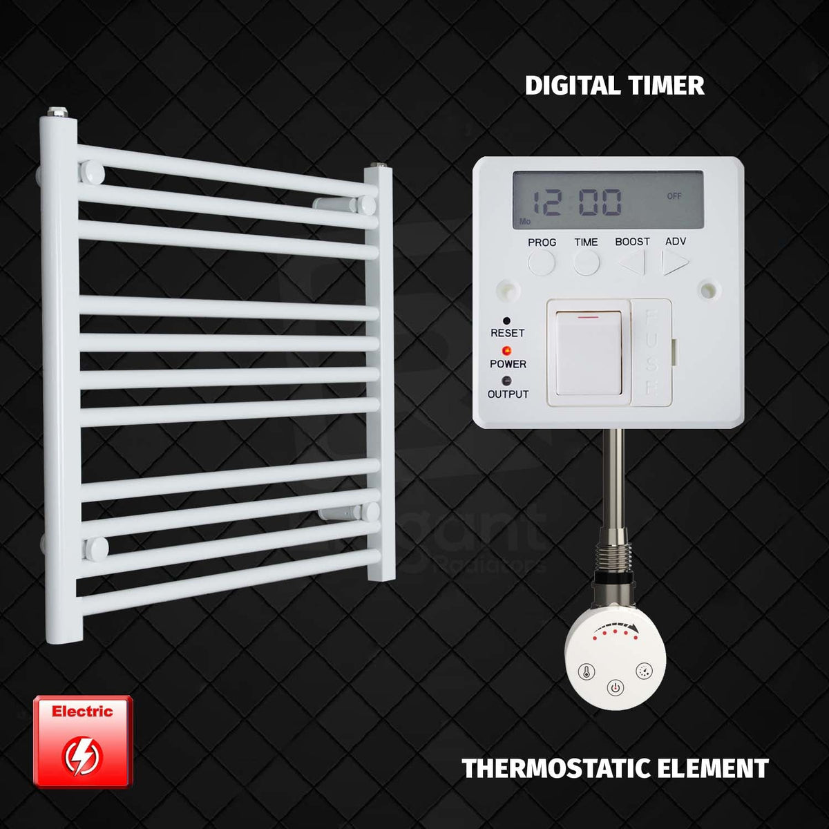 600 mm High 600 mm Wide Pre-Filled Electric Heated Towel Rail Radiator White HTR SMR Thermostatic Element Digital  Timer