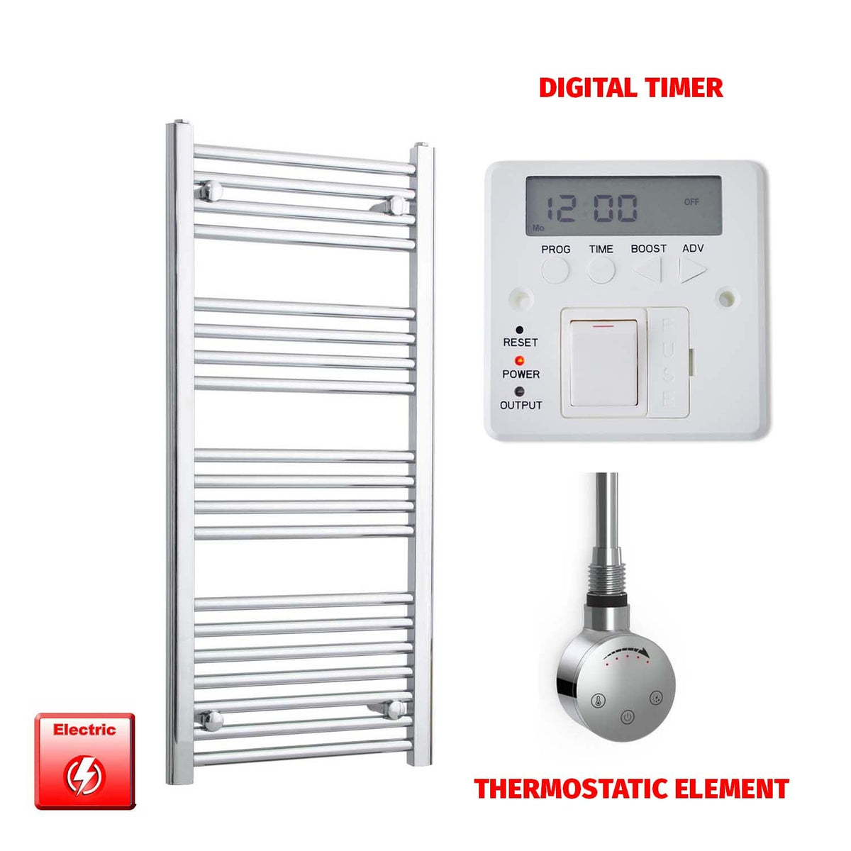 1000mm High 450mm Wide Pre-Filled Electric Heated Towel Radiator Straight Chrome SMR Thermostatic element Digital timer