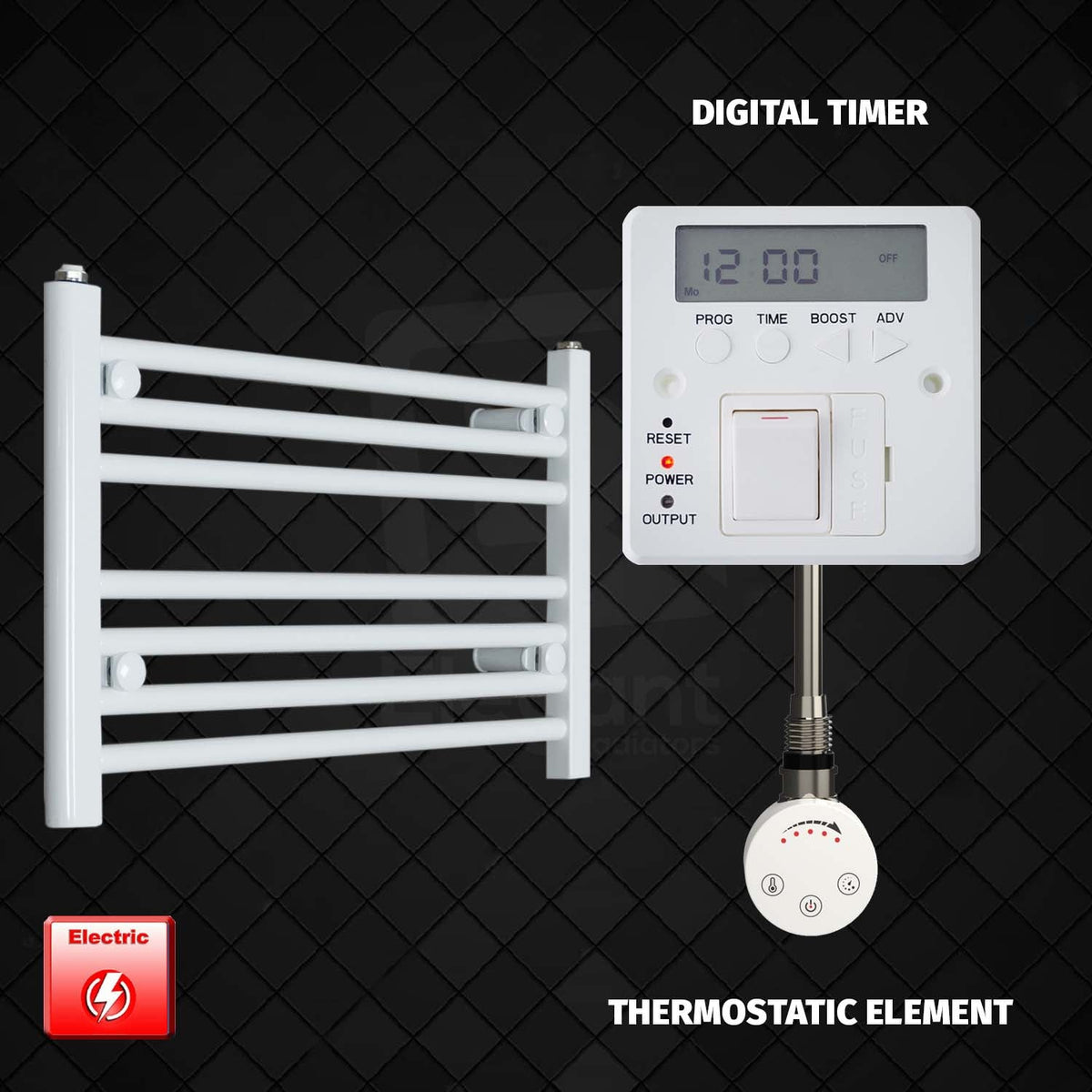 400 mm High 700 mm Wide Pre-Filled Electric Heated Towel Rail Radiator White HTR SMR element Digital timer