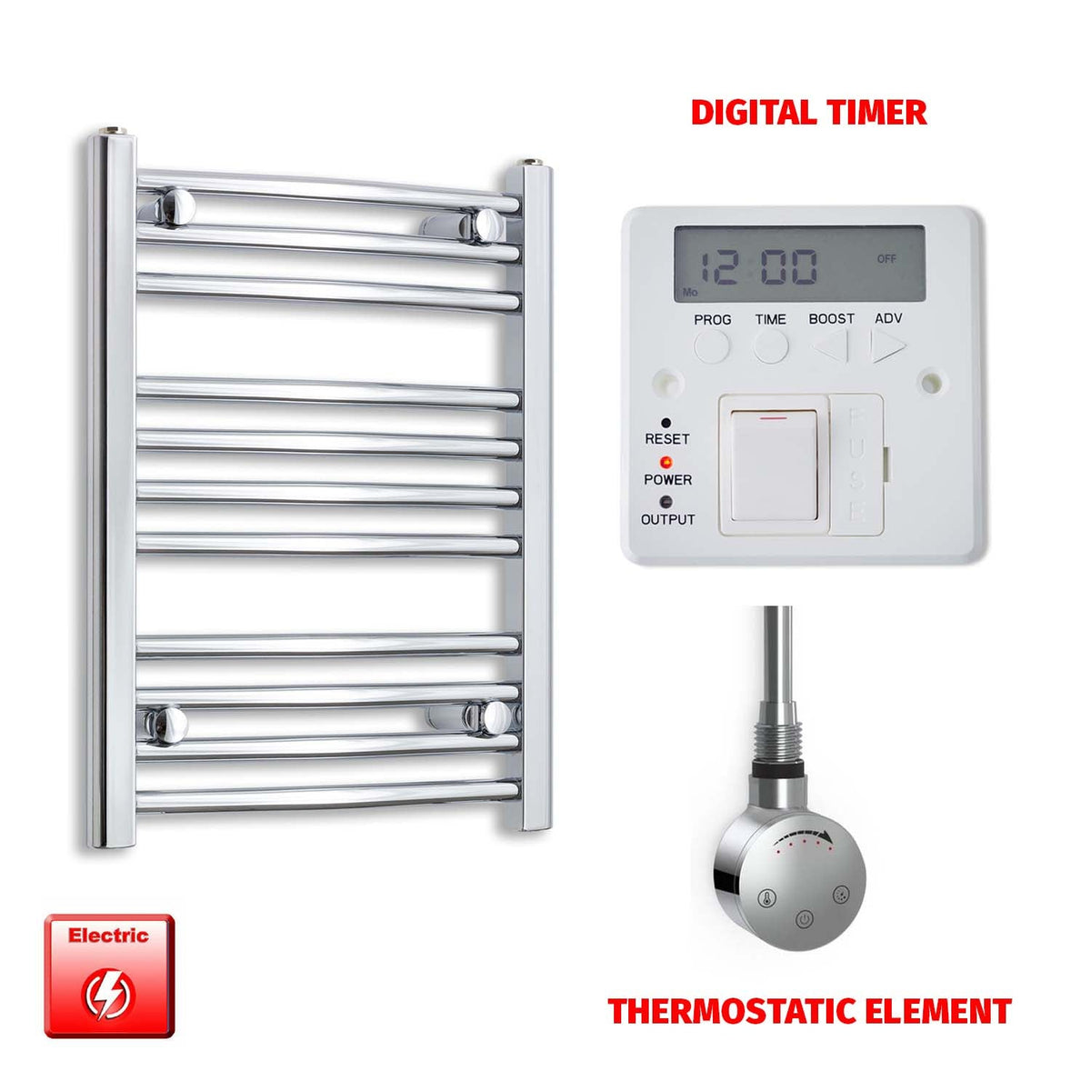 600mm High 400mm Wide Pre-Filled Electric Heated Towel Radiator Straight Chrome SMR Thermostatic element Digital timer