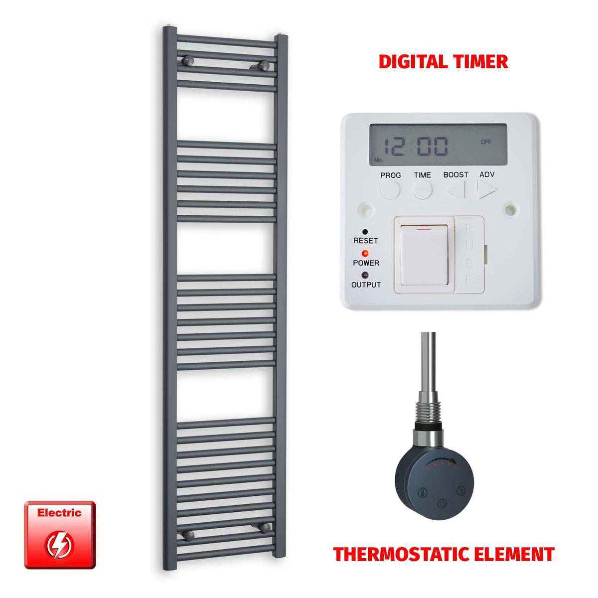 1600mm High 400mm Wide Flat Anthracite Pre-Filled Electric Heated Towel Radiator HTR SMR Thermostatic element Digital timer