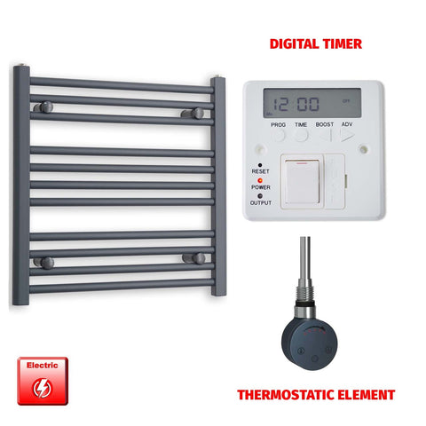 600mm High 600mm Wide Flat Anthracite Pre-Filled Electric Heated Towel Rail Radiator HTR SMR Thermostatic element Digital timer