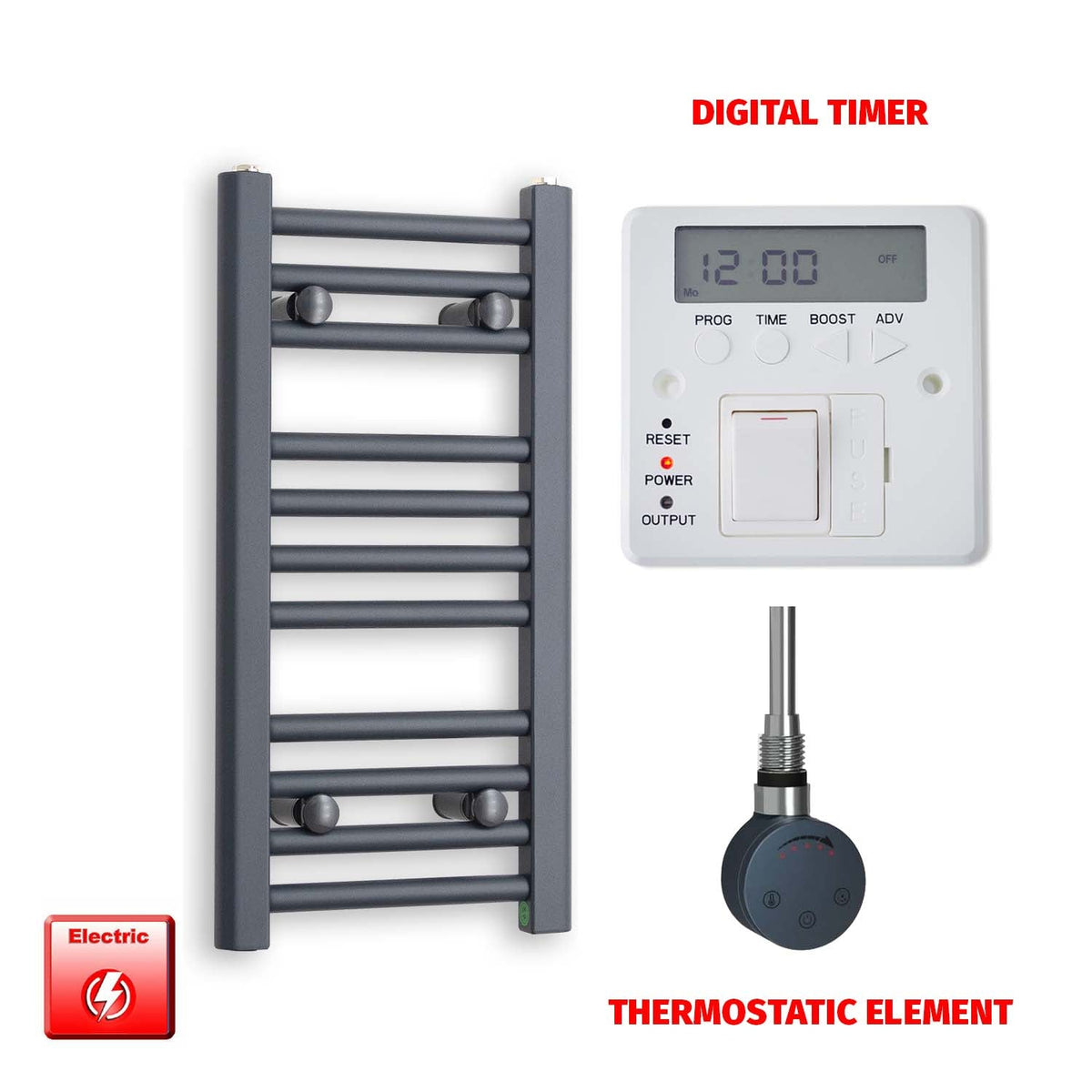 600 x 300 Flat Anthracite Pre-Filled Electric Heated Towel Radiator HTR SMR Thermostatic element Digital timer