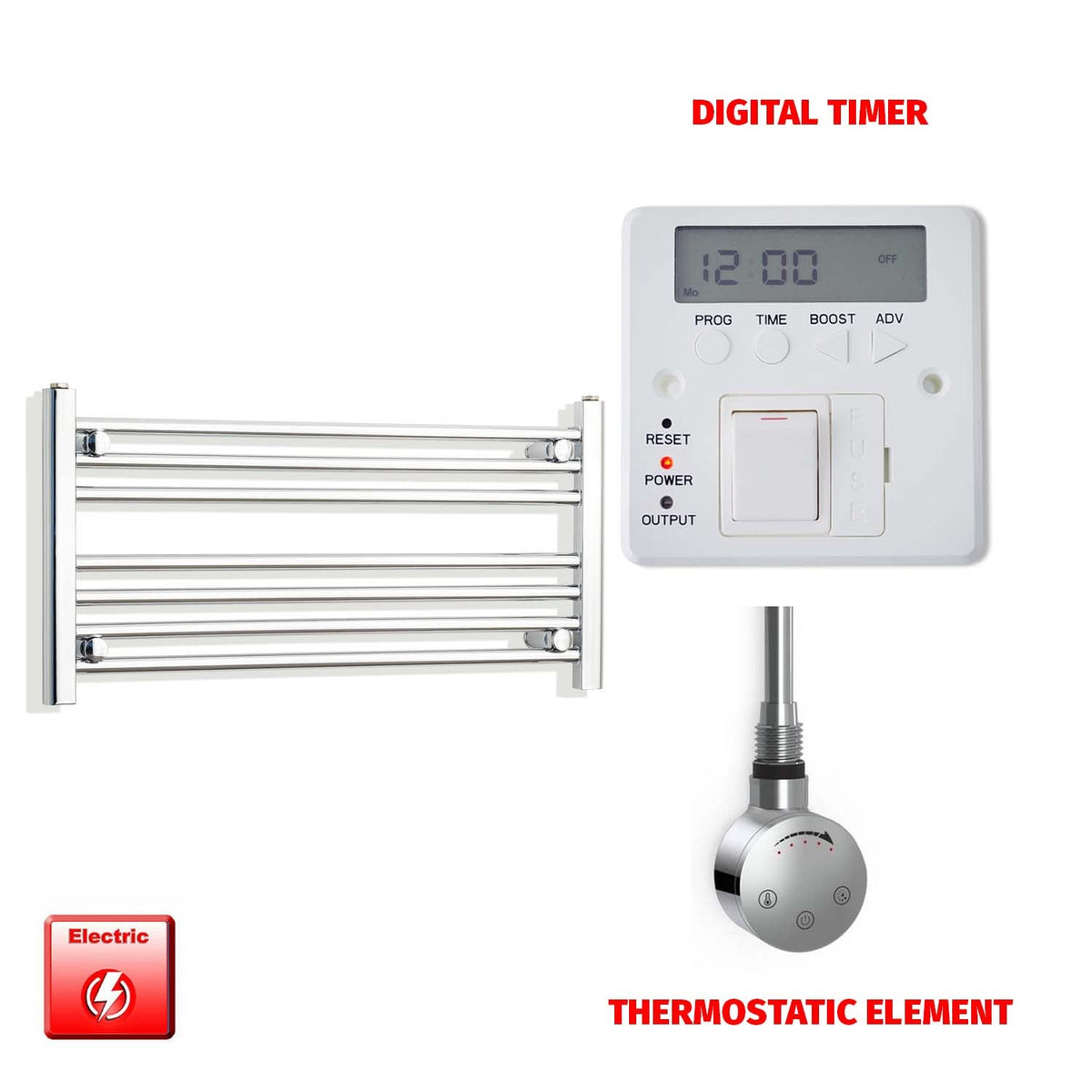 400 x 800 Pre-Filled Electric Heated Towel Radiator Straight Chrome SMR Thermostatic element Digital timer