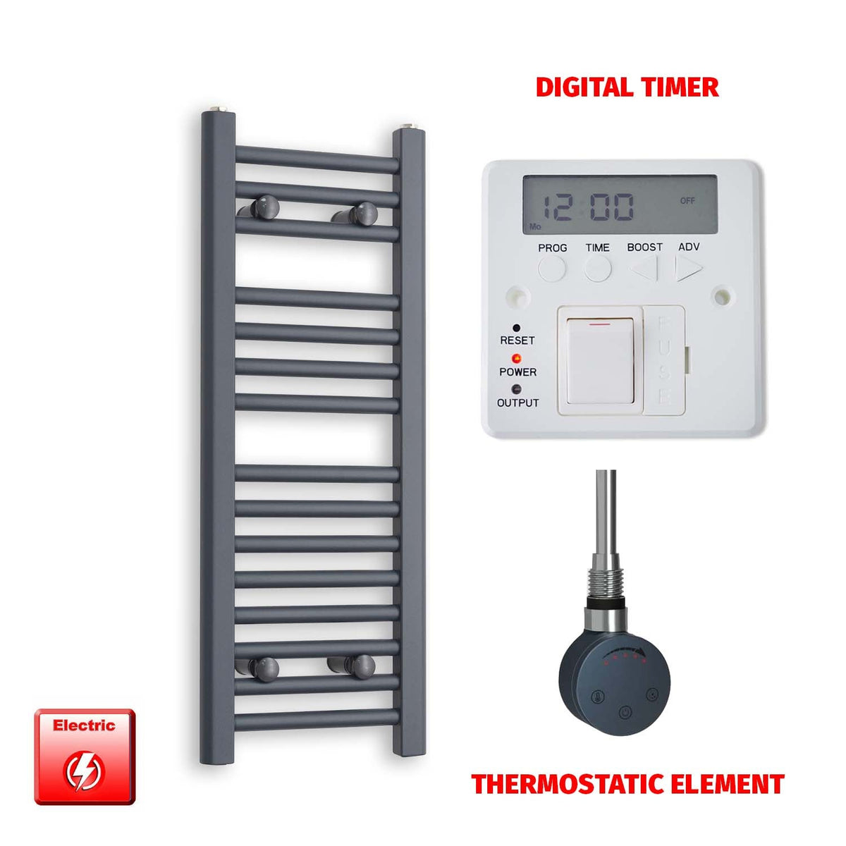 800mm High 300mm Wide Flat Anthracite Pre-Filled Electric Heated Towel Rail Radiator HTR SMR Thermostatic element Digital timer