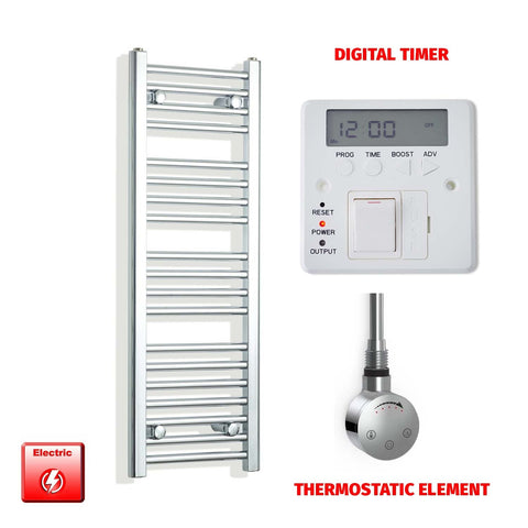 1000mm High 300mm Wide Pre-Filled Electric Heated Towel Rail Radiator Straight Chrome Smart Element Digital Timer