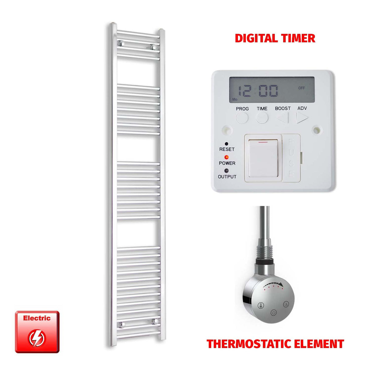 1800 x 300 Pre-Filled Electric Heated Towel Radiator Straight Chrome Smart Element Digital Timer
