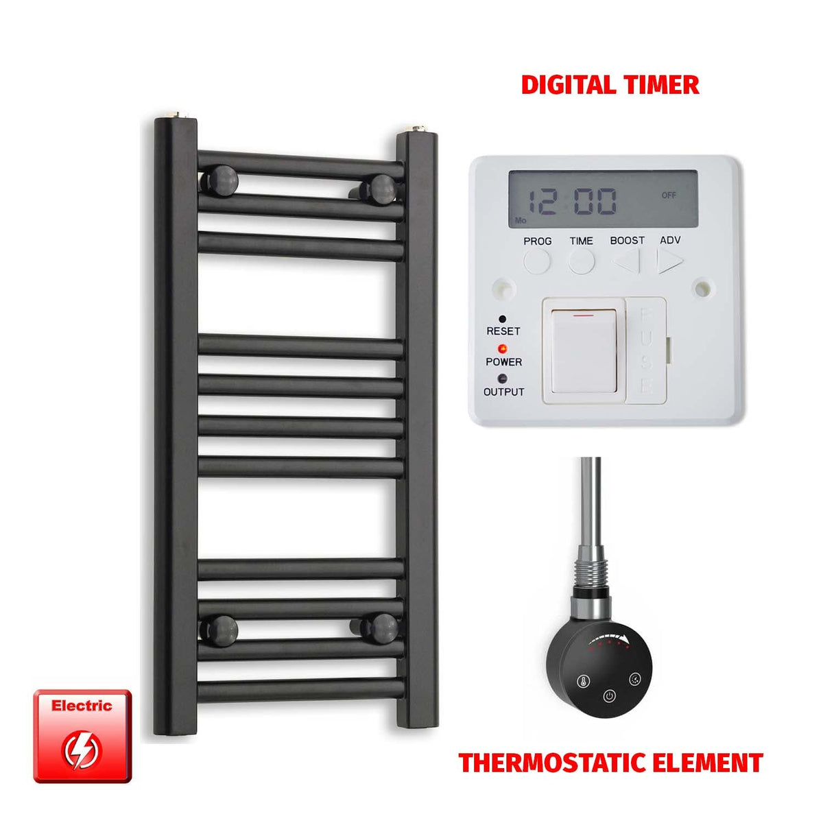 600mm High 300mm Wide Flat Black Pre-Filled Electric Heated Towel Rail Radiator HTR SMART Thermostatic Digital Timer