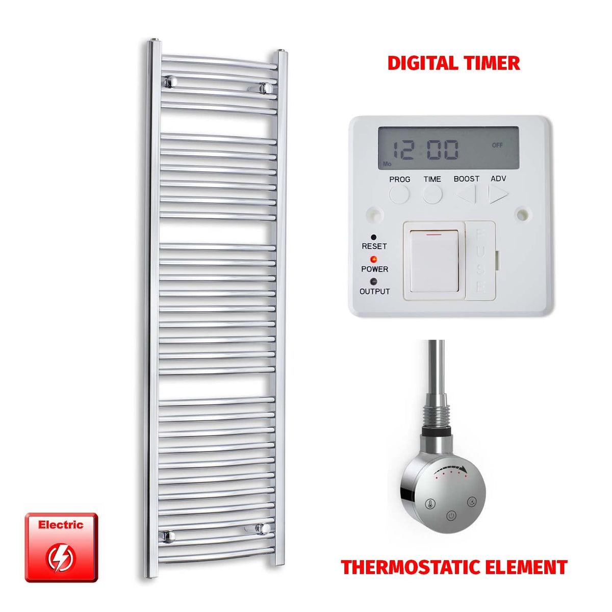 1500mm High 450mm Wide Pre-Filled Electric Heated Towel Radiator Straight or Curved Chrome SMR Thermostatic element Digital timer