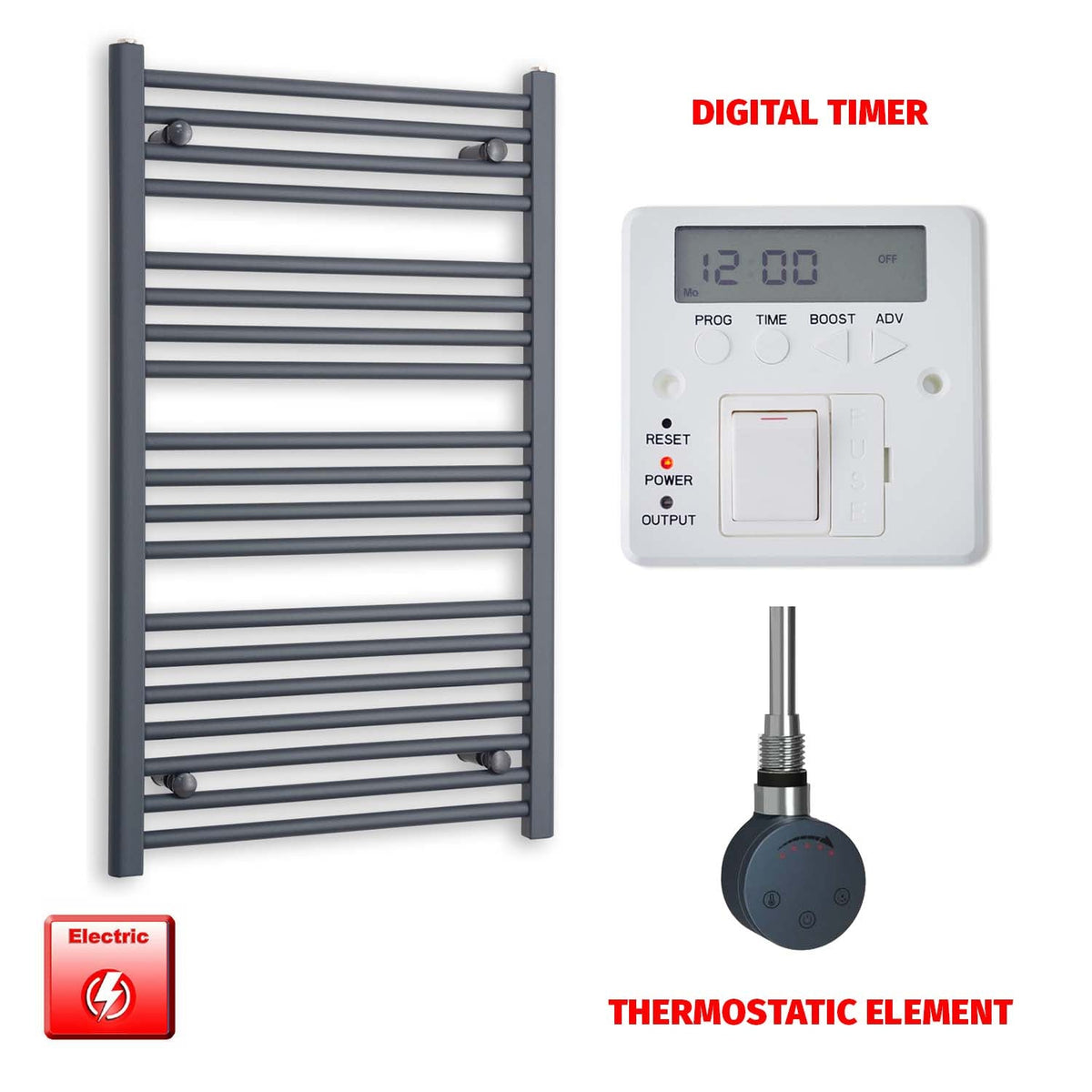 1000mm High 600mm Wide Flat Anthracite Pre-Filled Electric Heated Towel Rail Radiator HTR SMR Thermostatic element Digital timer