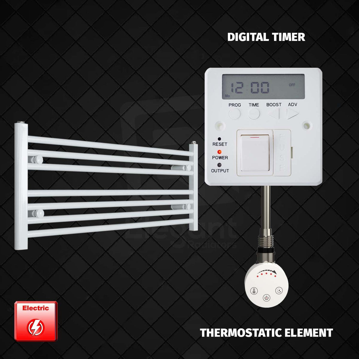 400mm High 1000mm Wide Pre-Filled Electric Heated Towel Radiator White HTR SMR Thermostatic element Digital timer
