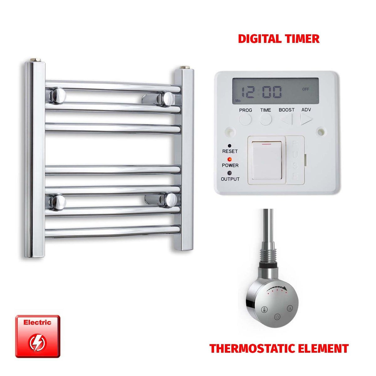 400mm High 400mm Wide Pre-Filled Electric Heated Towel Radiator Straight Chrome SMR Thermostatic element Digital timer