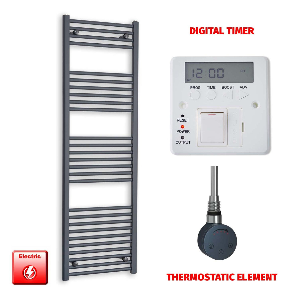 1600mm High 500mm Wide Flat Anthracite Pre-Filled Electric Heated Towel Rail Radiator HTR SMR Thermostatic element Digital timer
