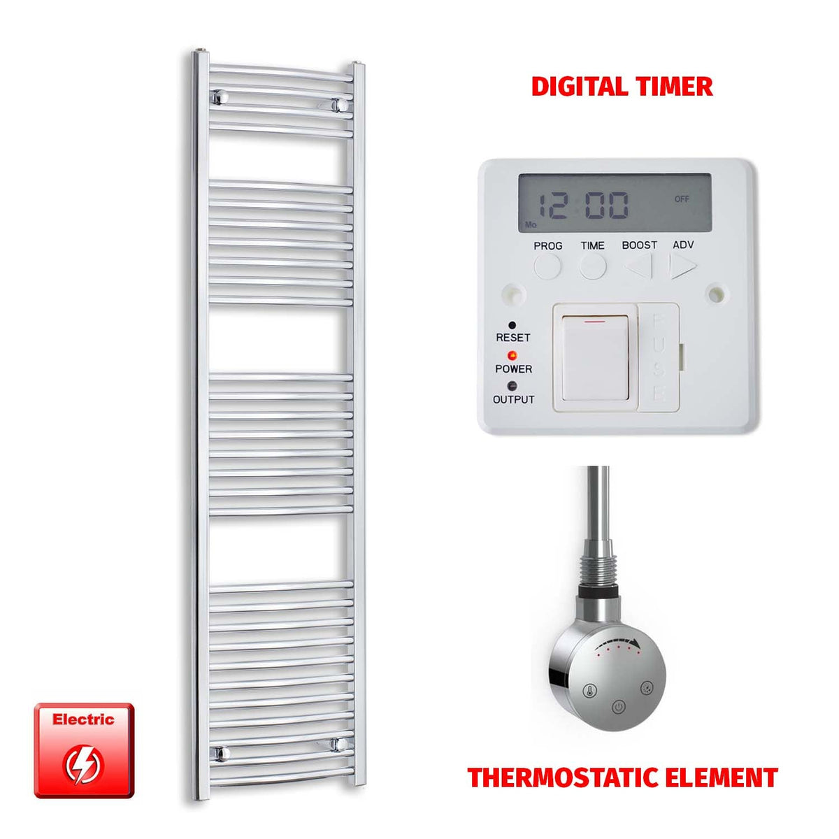 1700 x 450 Pre-Filled Electric Heated Towel Radiator Straight or Curved Chrome SMR Thermostatic element Digital timer