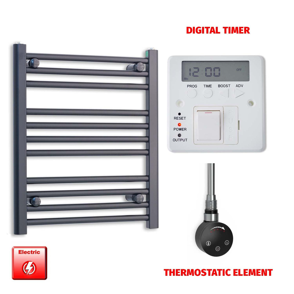 600 x 500 Flat Black Pre-Filled Electric Heated Towel Radiator HTR Smart Thermostatic Digital Timer