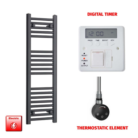 800mm High 300mm Wide Flat Black Pre-Filled Electric Heated Towel Radiator HTR Smart Thermostatic Digital Timer