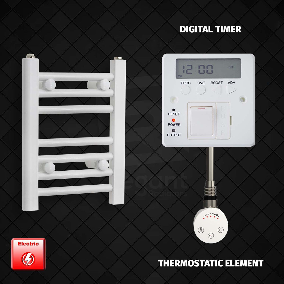 400 x 350 Pre-Filled Electric Heated Towel Radiator White HTR Digital Timer Thermostatic Element