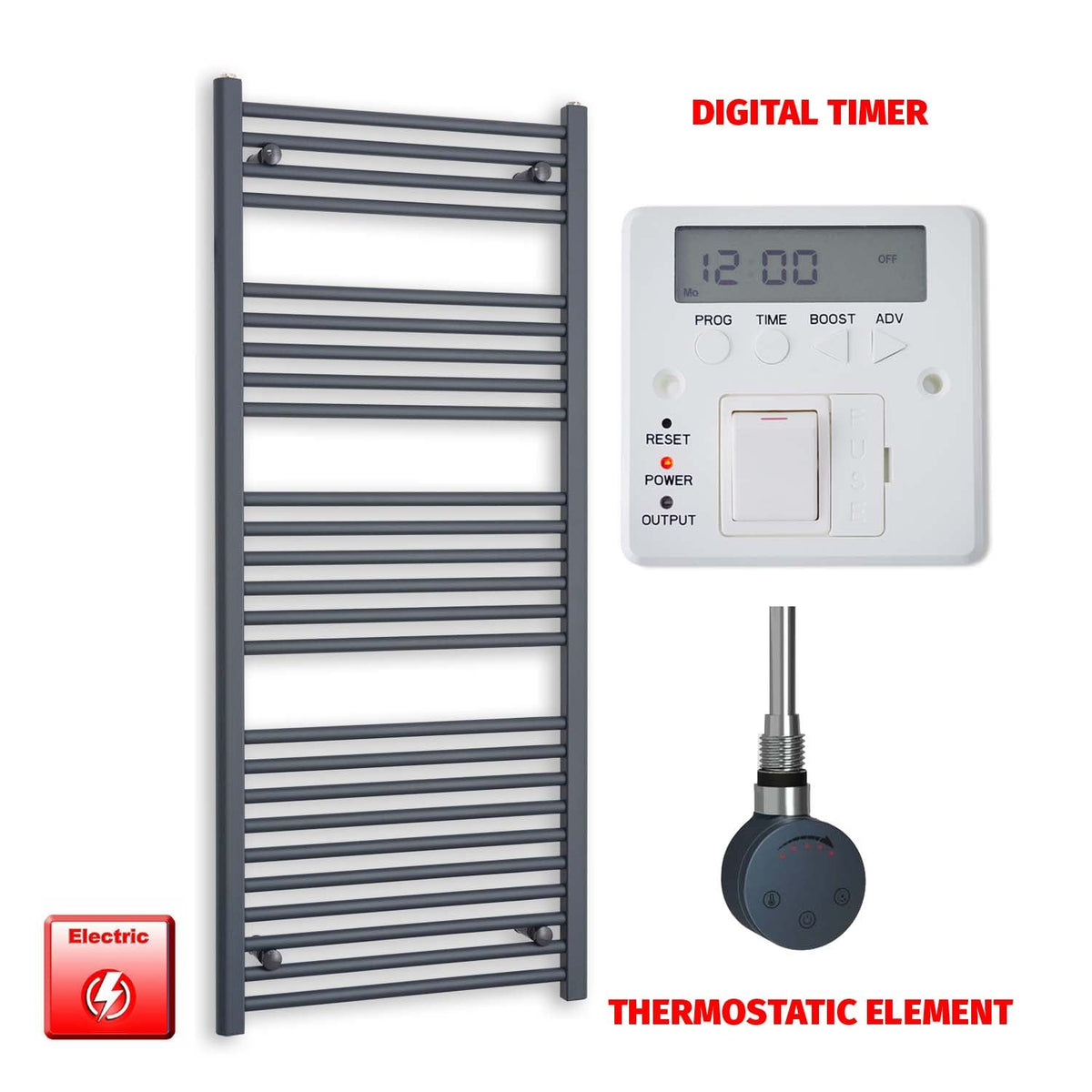 1400 x 600 Flat Anthracite Pre-Filled Electric Heated Towel Radiator HTR SMR Thermostatic element Digital timer