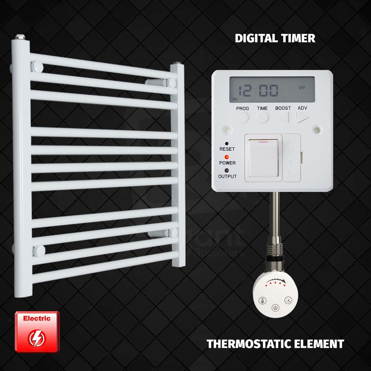 600 mm High 700 mm Wide Pre-Filled Electric Heated Towel Rail Radiator White HTR SMR Thermostatic Element Digital Timer