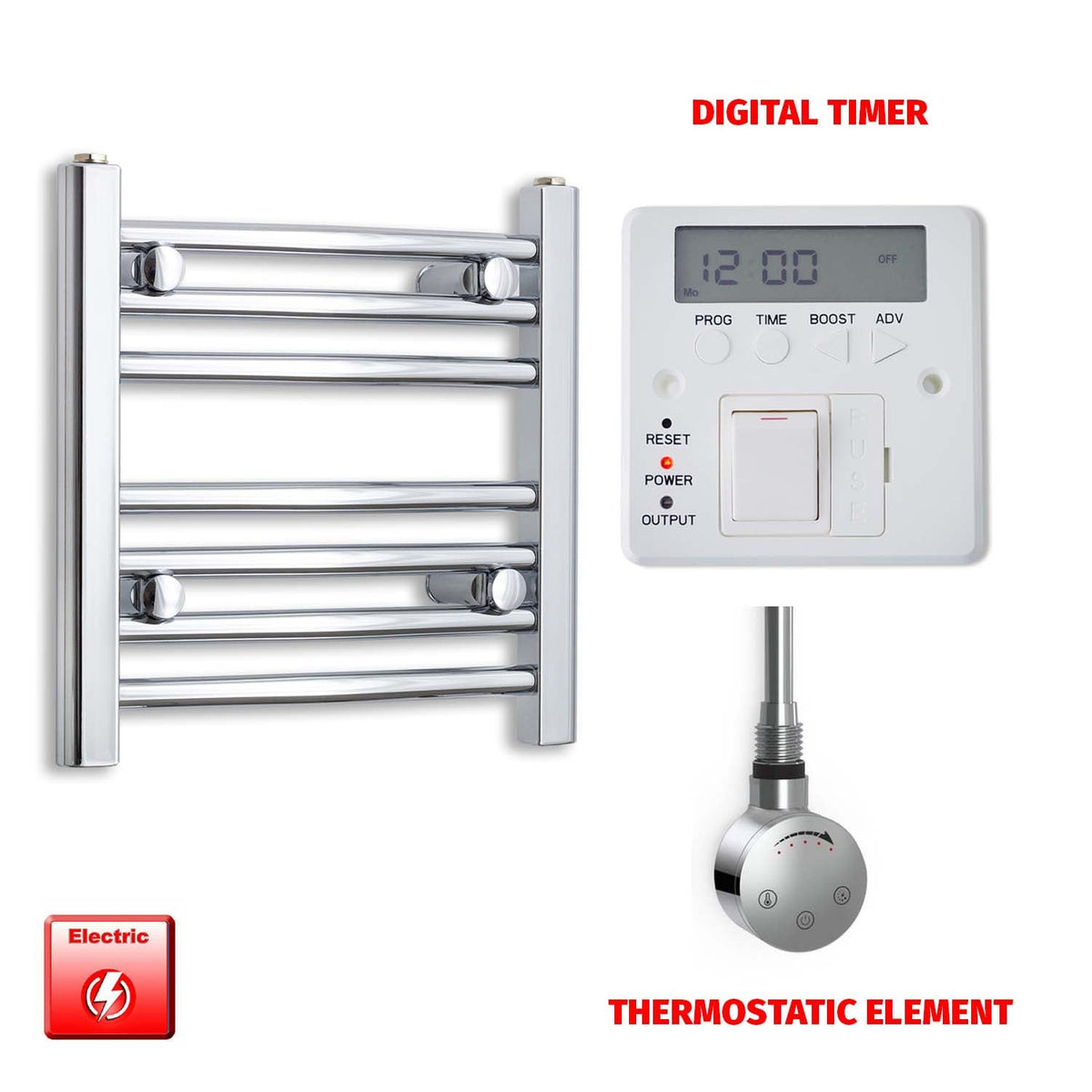 400 x 450 Pre-Filled Electric Heated Towel Radiator Straight Chrome SMR Thermostatic element Digital timer