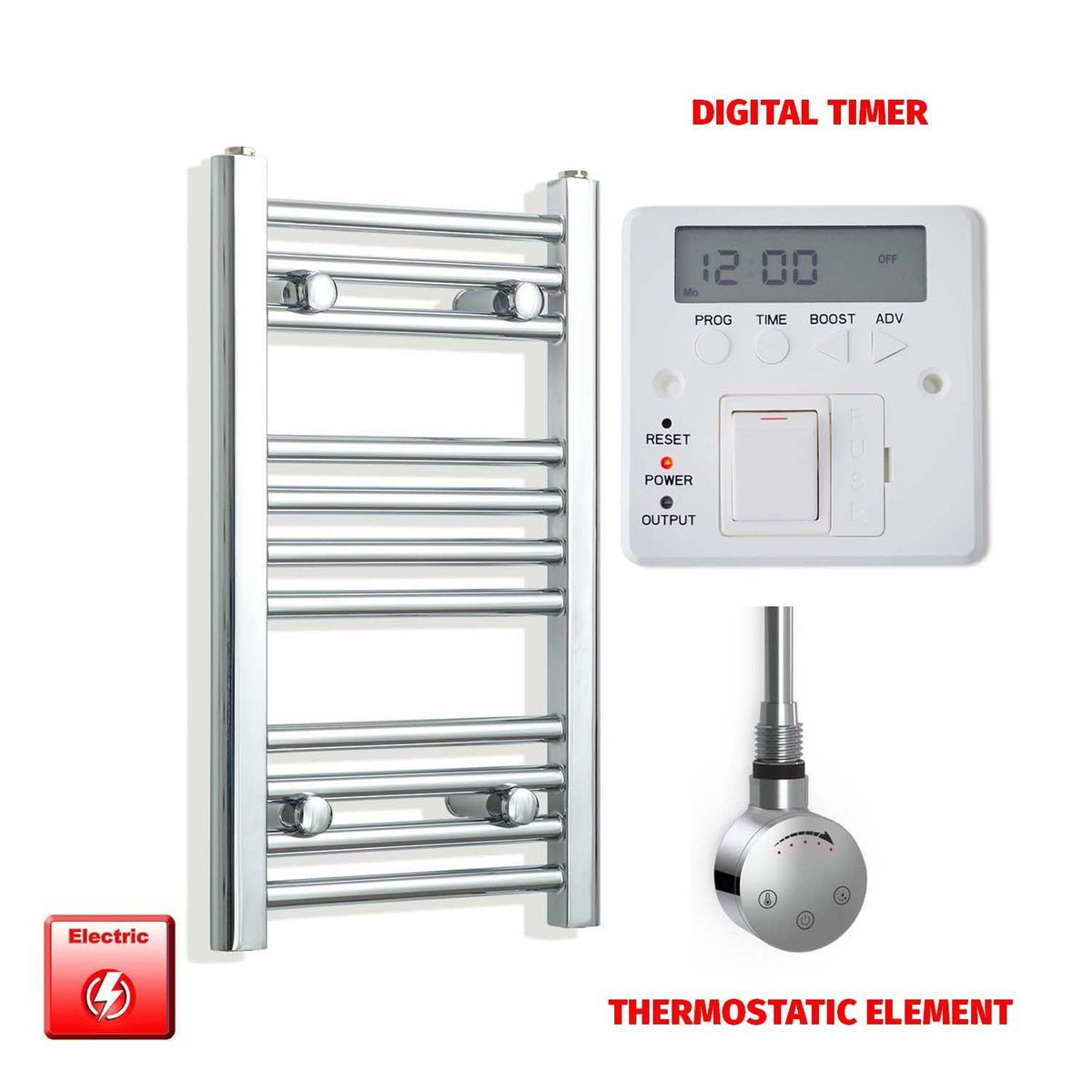 600 x 350 Pre-Filled Electric Heated Towel Radiator Straight Chrome SMR Thermostatic element Digital timer