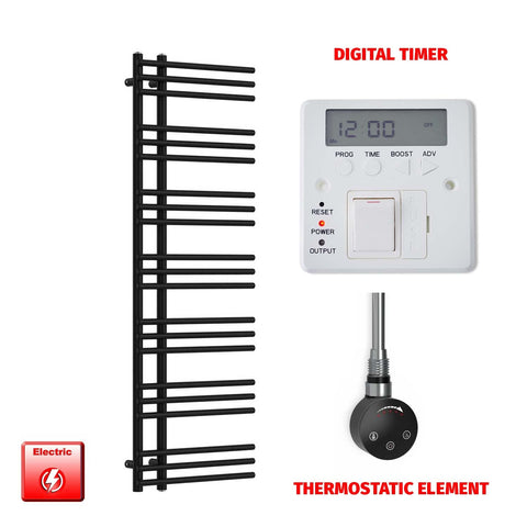 1500 mm High x 500 mm Wide Difta Pre-Filled Electric Heated Towel Radiator Flat Black MEG Thermostatic Element Smart Thermostatic Element Digital Timer