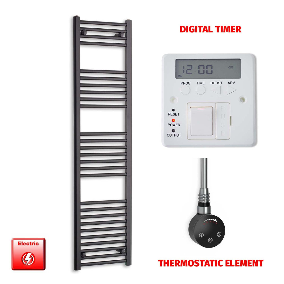 1600mm High 450mm Wide Flat Black Pre-Filled Electric Heated Towel Rail Radiator HTR Smart Thermostatic Digital Timer