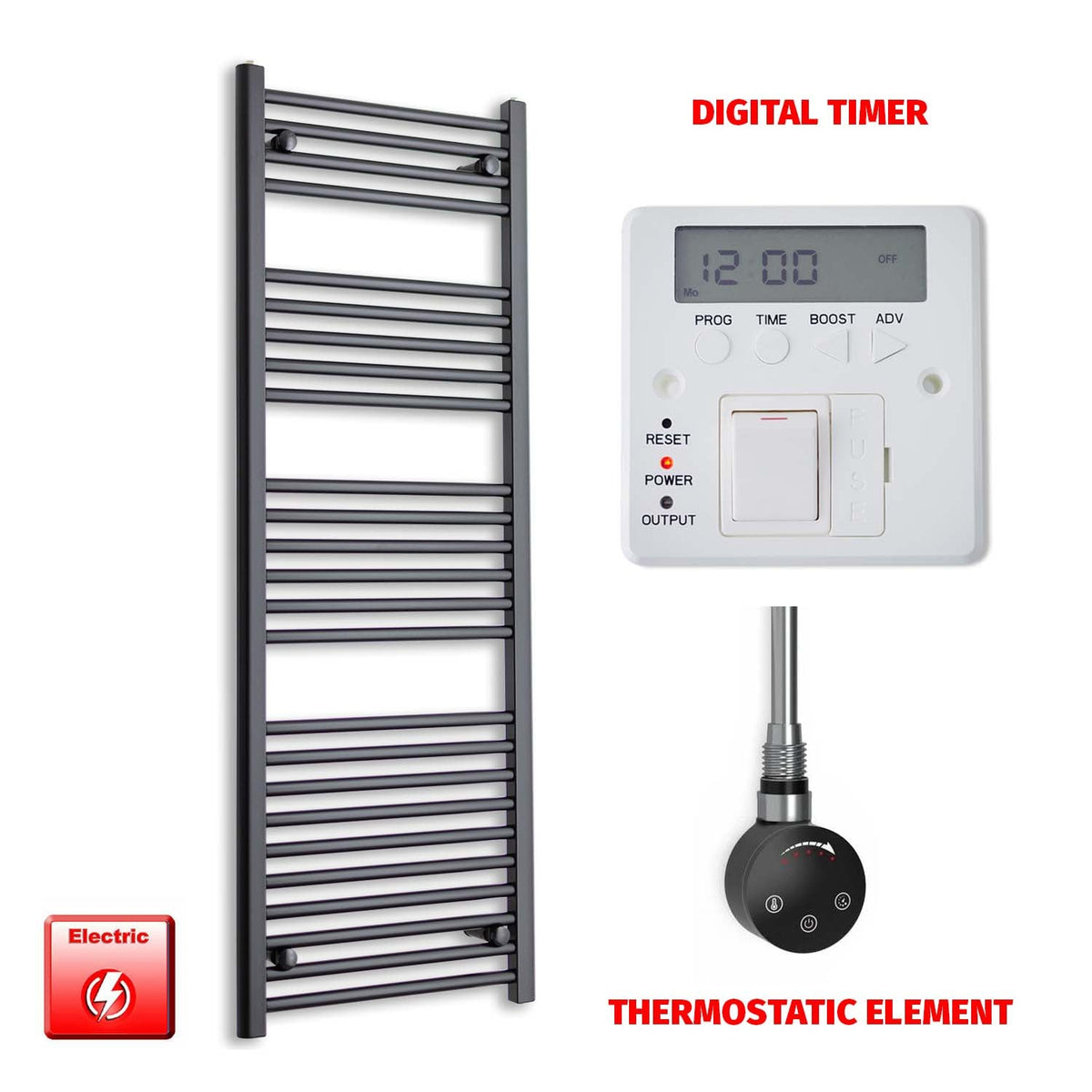 1400 x 550mm Wide Flat Black Pre-Filled Electric Heated Towel Radiator HTR SMART Thermostatic Digital Timer