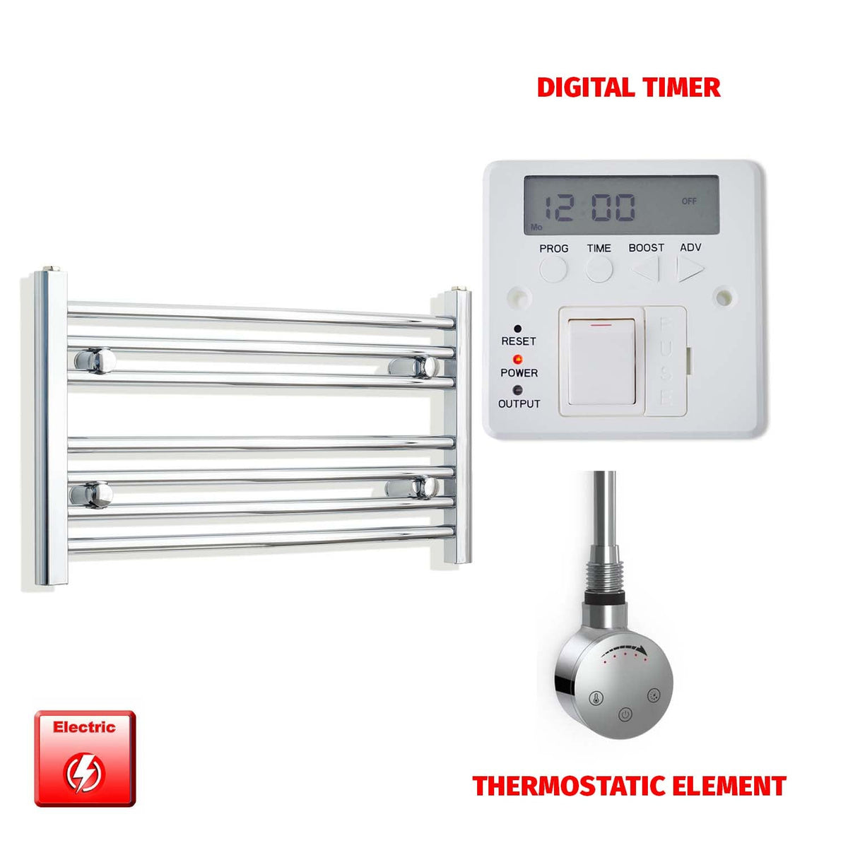 400mm High 700mm Wide Pre-Filled Electric Heated Towel Radiator Curved or Straight Chrome SMR Thermostatic element Digital timer