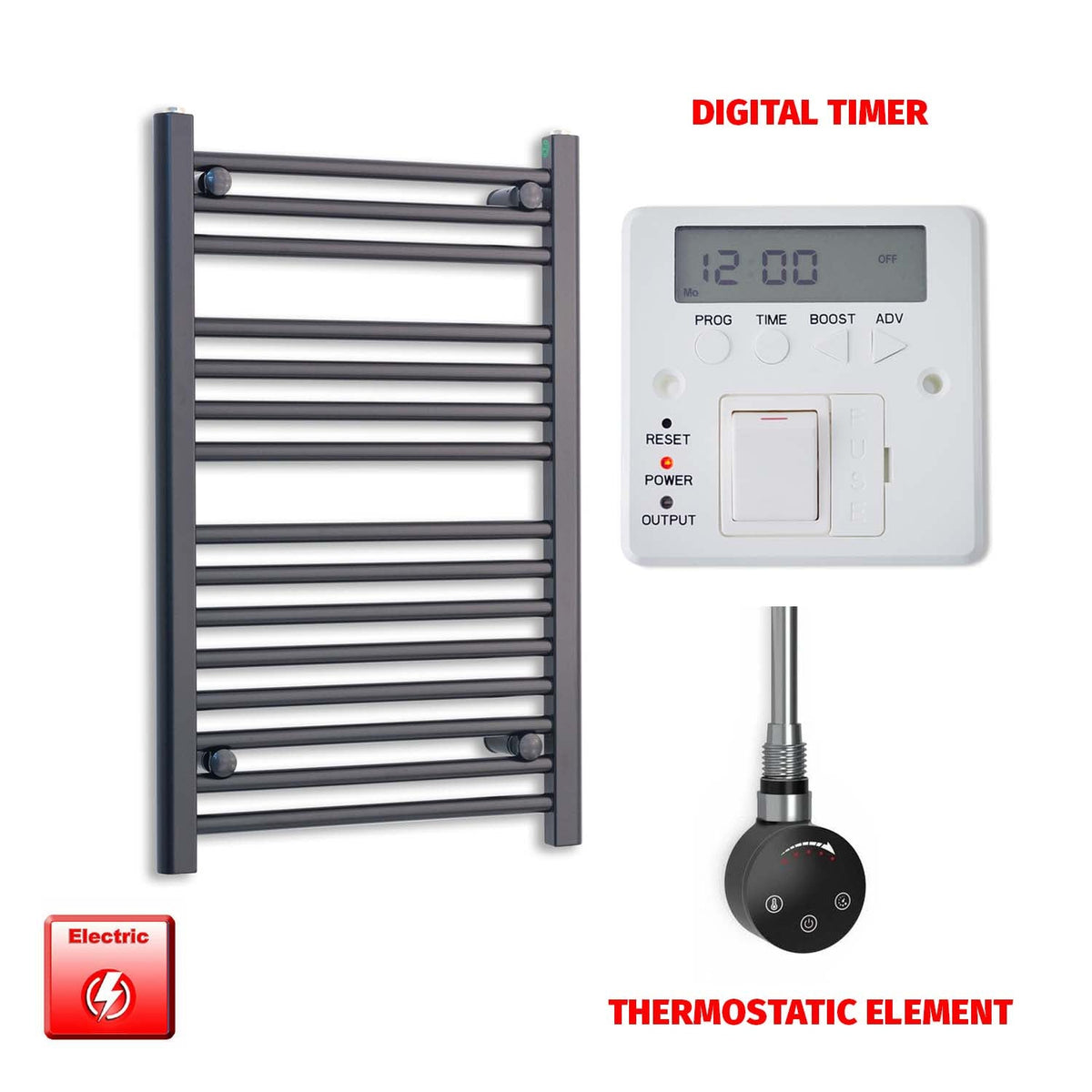 800 x 500 Flat Black Pre-Filled Electric Heated Towel Radiator HTR SMART Thermostatic Digital Timer