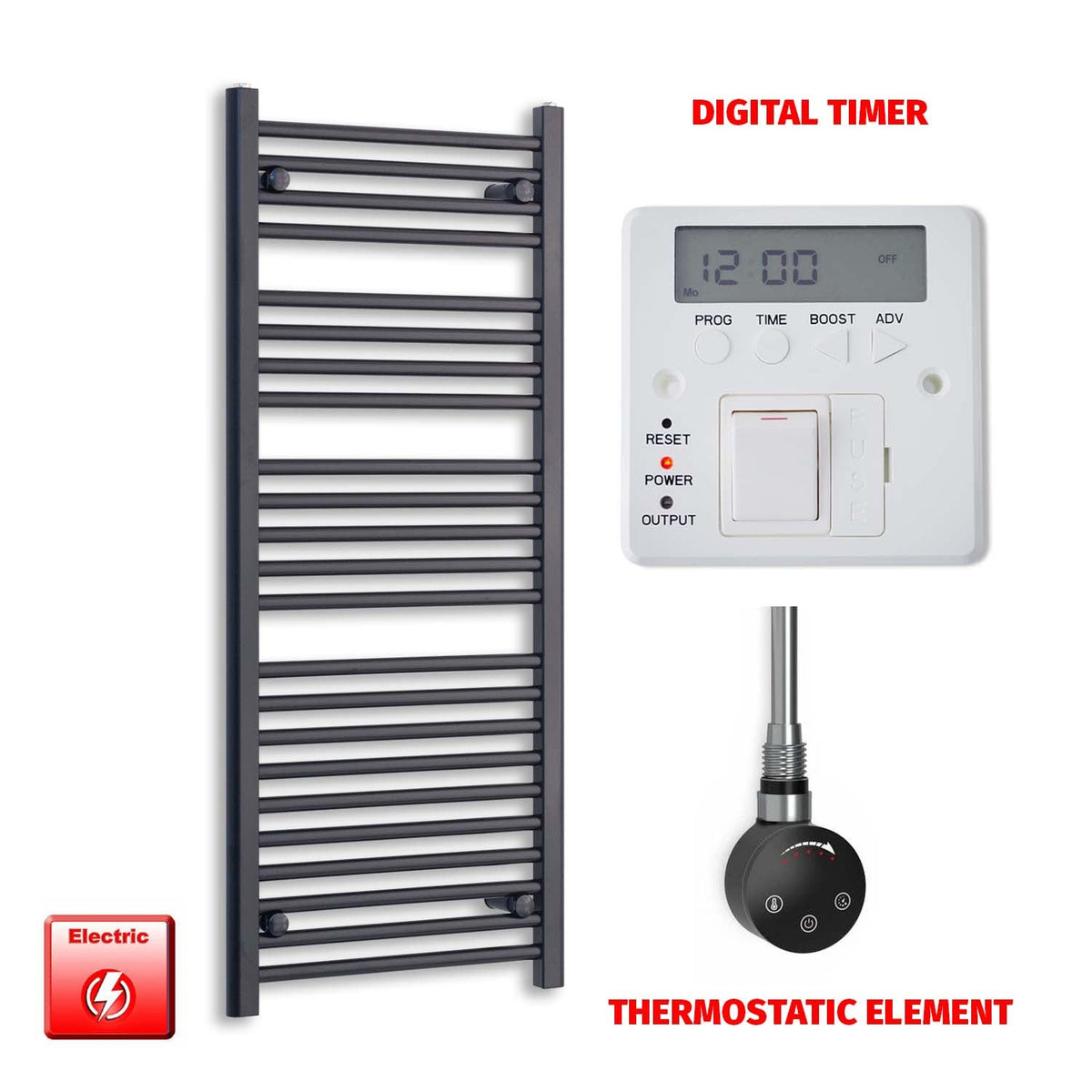 1200 x 550mm Wide Flat Black Pre-Filled Electric Heated Towel Radiator HTR SMART Thermostatic Digital Timer