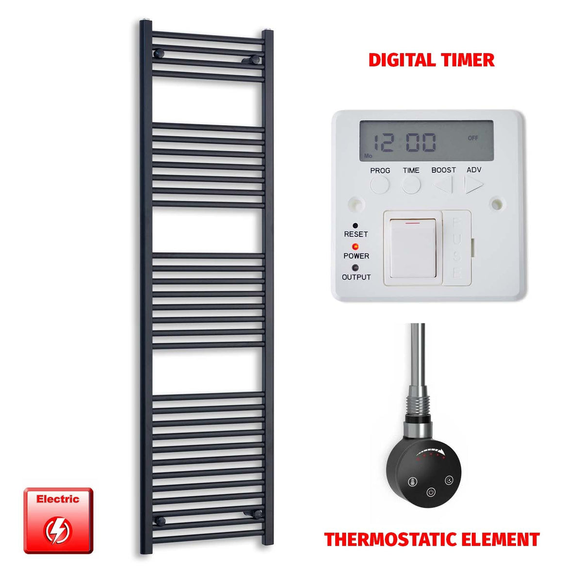 1802 x 600 Flat Black Pre-Filled Electric Heated Towel Radiator HTR Smart Thermostatic Digital Timer