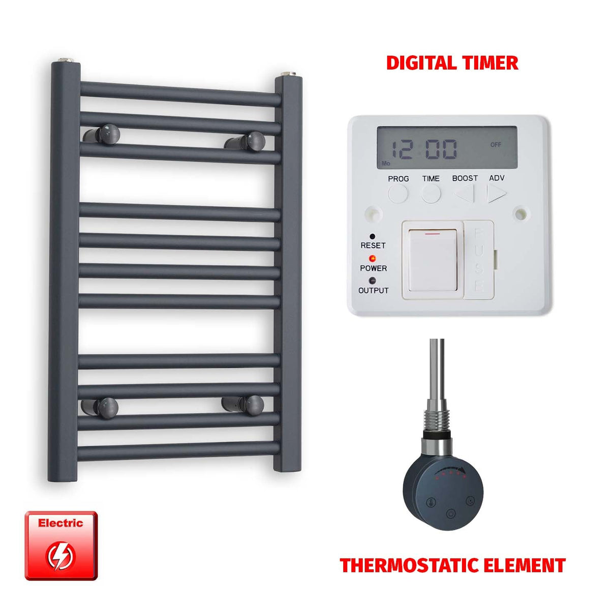600mm High 400mm Wide Flat Anthracite Pre-Filled Electric Heated Towel Rail Radiator HTR SMR Thermostatic element Digital timer