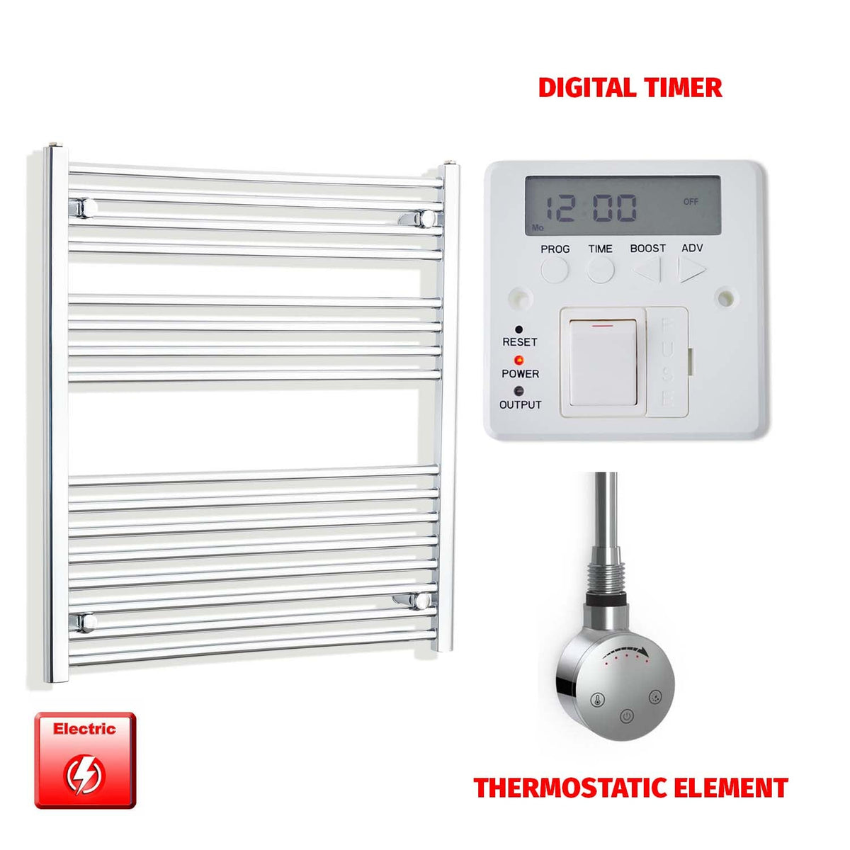 900mm High 800mm Wide Pre-Filled Electric Heated Towel Rail Radiator Straight Chrome SMR Thermostatic element Digital timer
