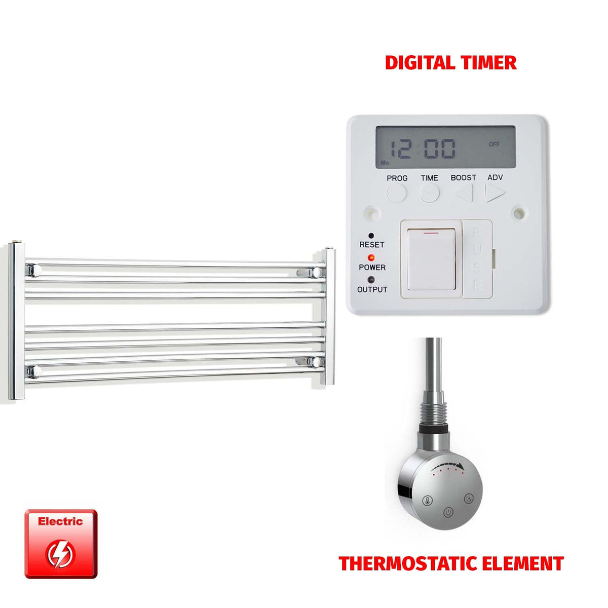 400 x 1000 Pre-Filled Electric Heated Towel Radiator Straight Chrome SMR Thermostatic element Digital timer