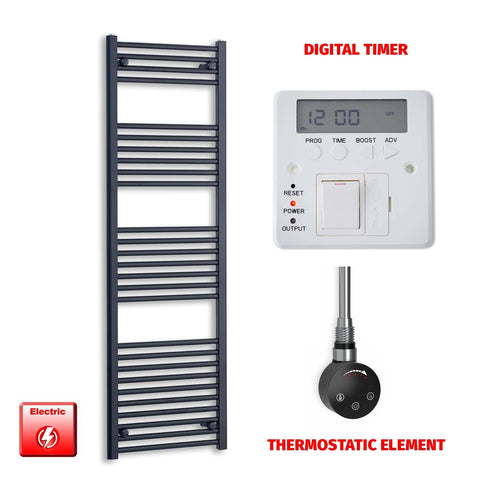 1600mm High 600mm Wide Flat Black Pre-Filled Electric Heated Towel Radiator HTR Smart Thermostatic Digital Timer