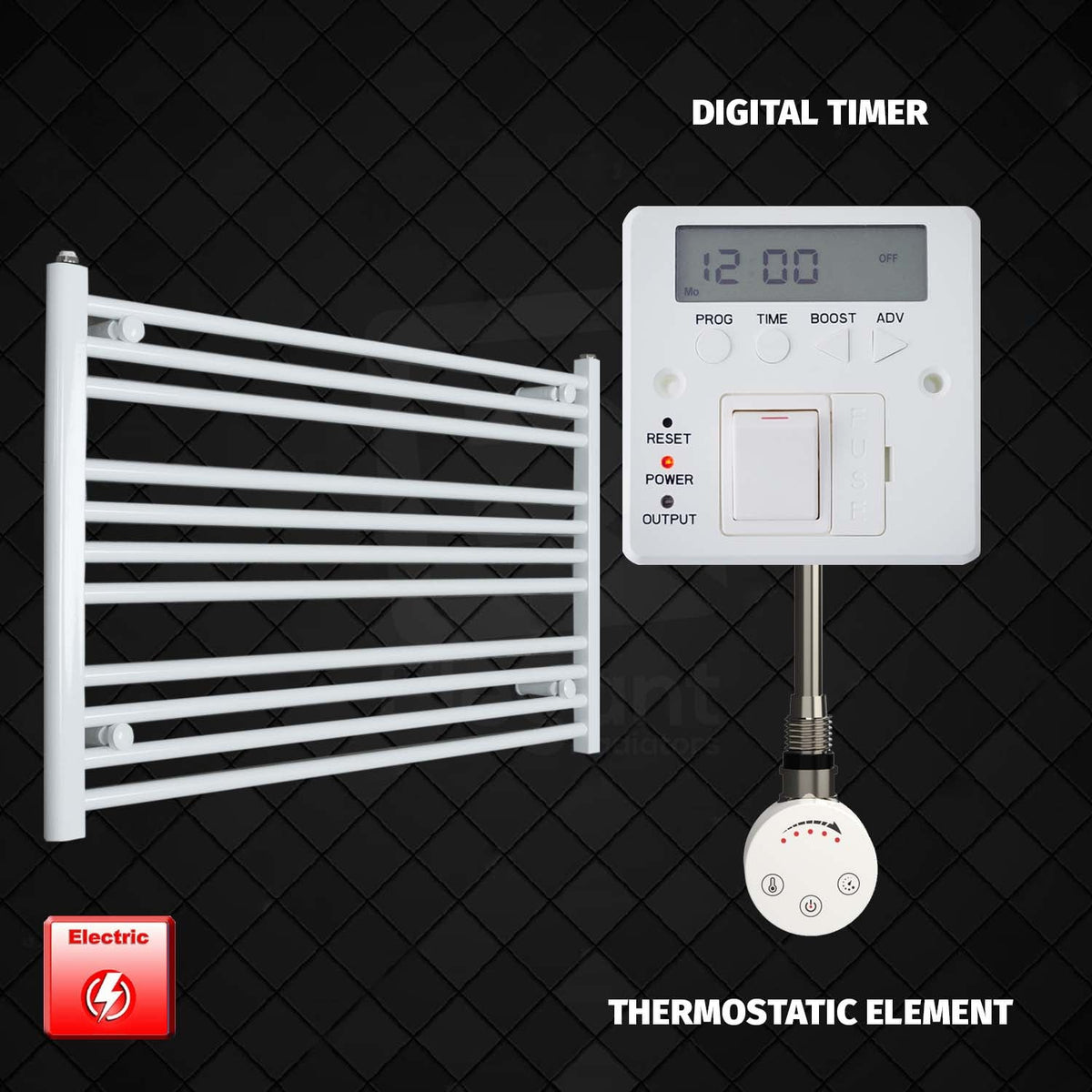 600 x 1200 Pre-Filled Electric Heated Towel Radiator White HTR SMR Thermostatic element Digital timer