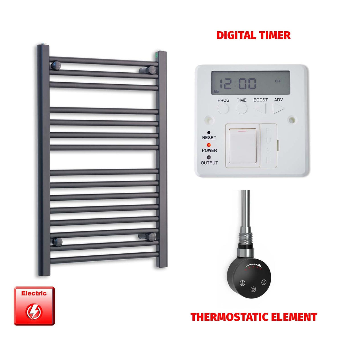 800 x 550mm Wide Flat Black Pre-Filled Electric Heated Towel Radiator HTR SMART Thermostatic Digital Timer