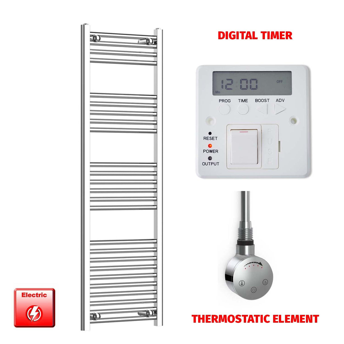 1400mm High 450mm Wide Pre-Filled Electric Heated Towel Radiator Straight Chrome SMR Thermostatic element Digital timer