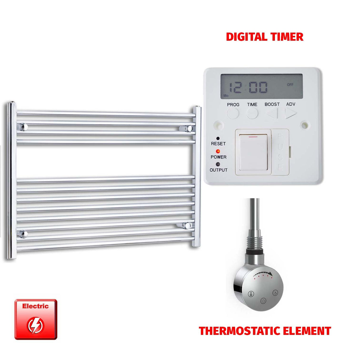 700 x 1000 Pre-Filled Electric Heated Towel Radiator Straight Chrome SMR Thermostatic element Digital timer