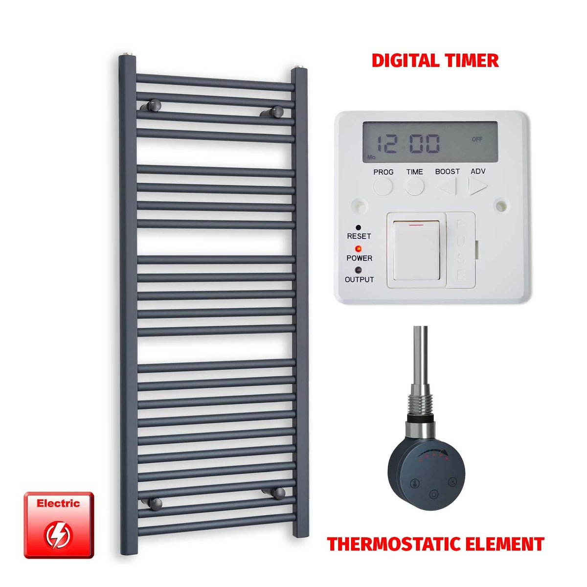 1200mm High 500mm Wide Flat Anthracite Pre-Filled Electric Heated Towel Rail Radiator HTR SMR Thermostatic element Digital timer
