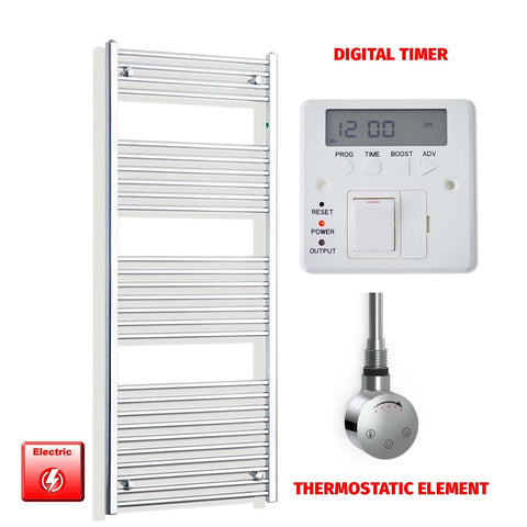 1600mm High 500mm Wide Pre-Filled Electric Heated Towel Radiator Straight or Curved Chrome SMR Thermostatic element Digital timer
