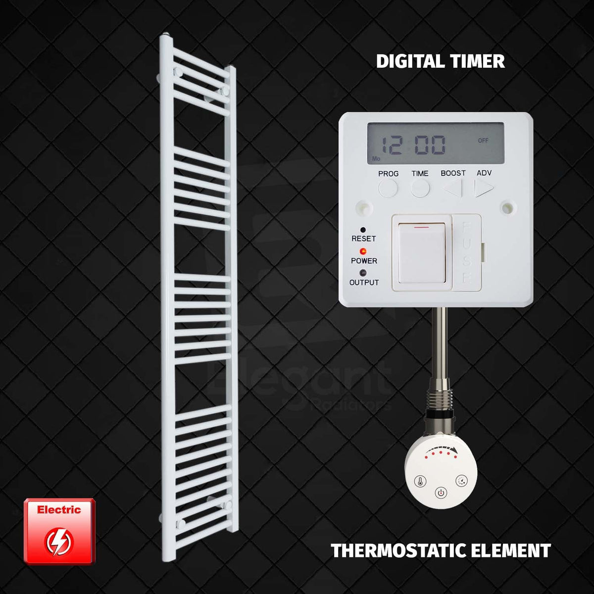 1600 mm High 300 mm Wide Pre-Filled Electric Heated Towel Rail Radiator White HTR Digital Timer