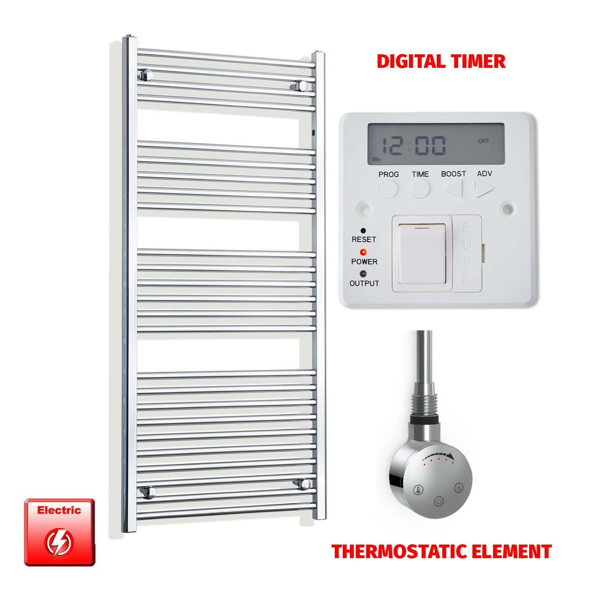 1400mm High 550mm Wide Pre-Filled Electric Heated Towel Radiator Straight Chrome SMR Thermostatic element Digital timer