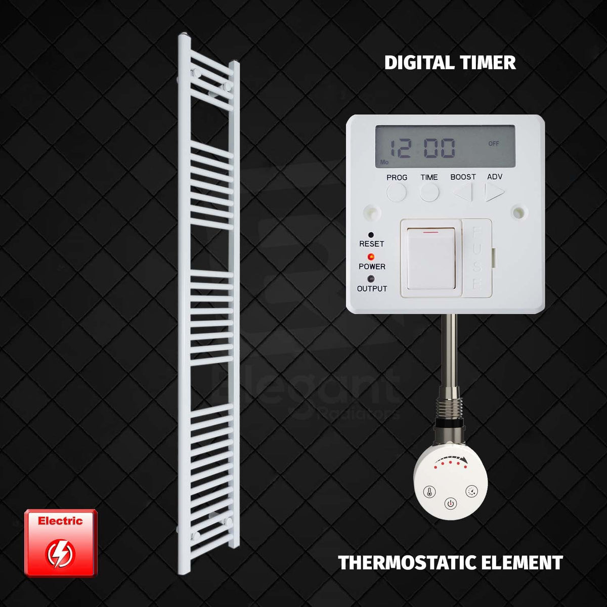 1800 mm High 250 mm Wide Pre-Filled Electric Heated Towel Rail Radiator White  Thermostatic Element Digital Timer