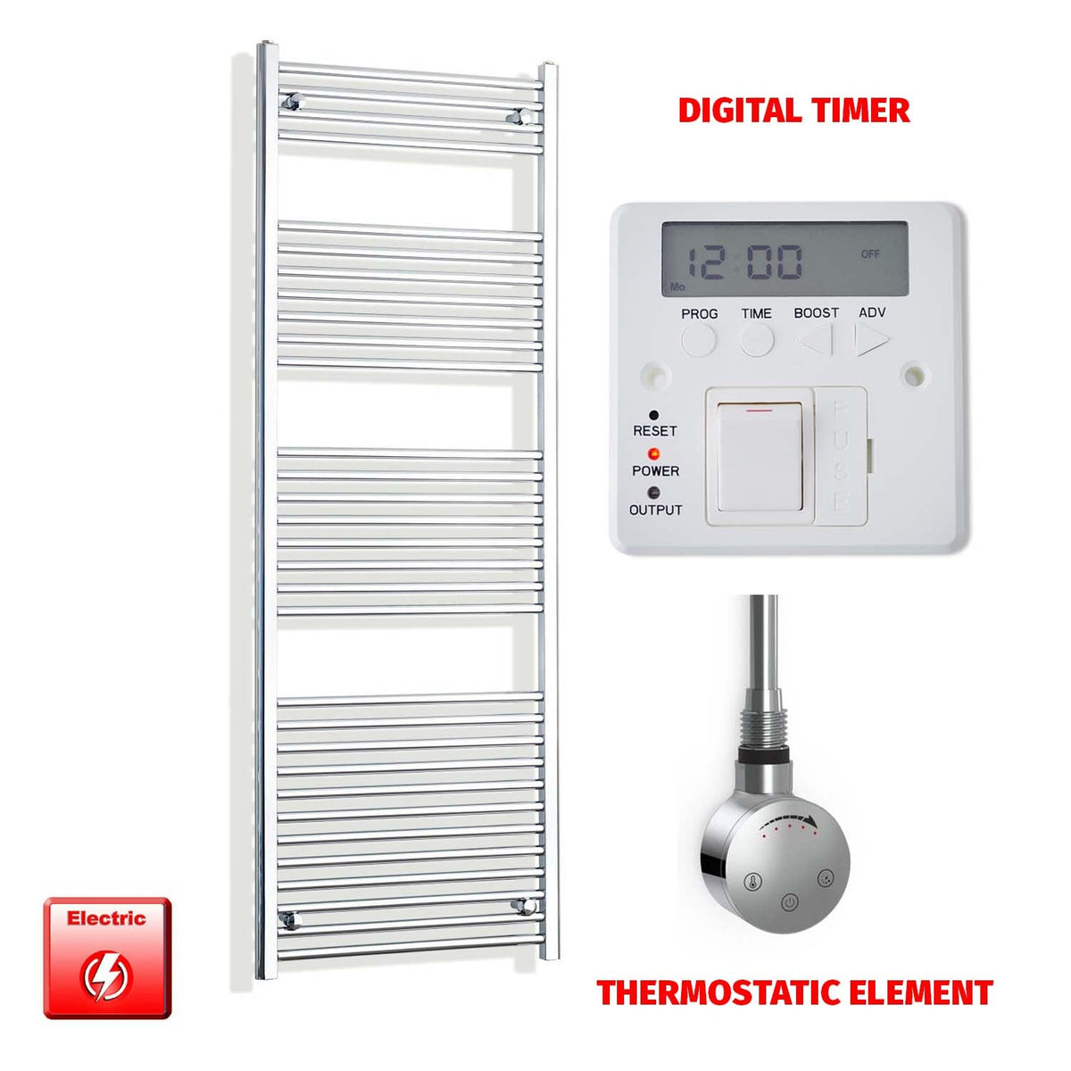 1800mm High 550mm Wide Electric Heated Towel Radiator Straight Chrome SMR Thermostatic element Digital timer
